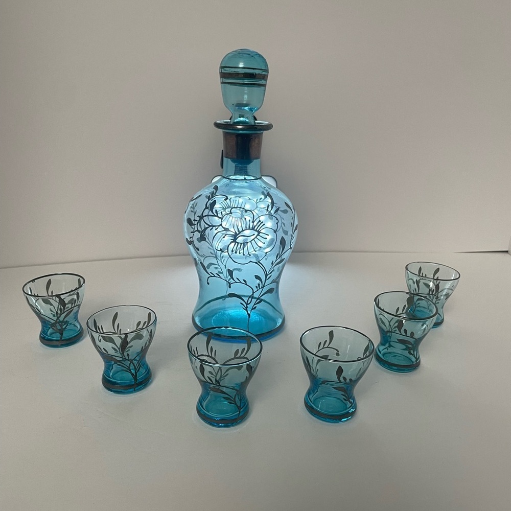 Vintage Art Deco Light Blue Decanter and 6 Cordial Glasses